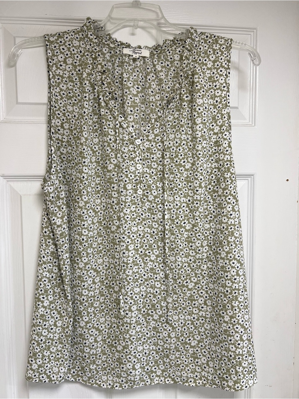 Beacon Olive Green and White Floral Sleeveless Ruffle Neck Top